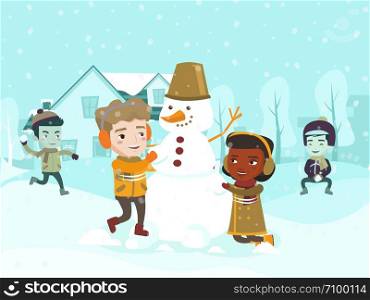 Multicultural children playing snowball fight and making a snowman in the yard. Happy African-american, Asian, Caucasian little friends having fun in the snow in winter. Vector cartoon illustration.. Multicultural children making a snowman.