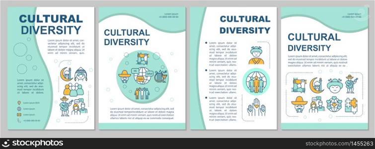 Multicultural community brochure template. Cultural diversity. Flyer, booklet, leaflet print, cover design with linear icons. Vector layouts for magazines, annual reports, advertising posters. Multicultural community brochure template