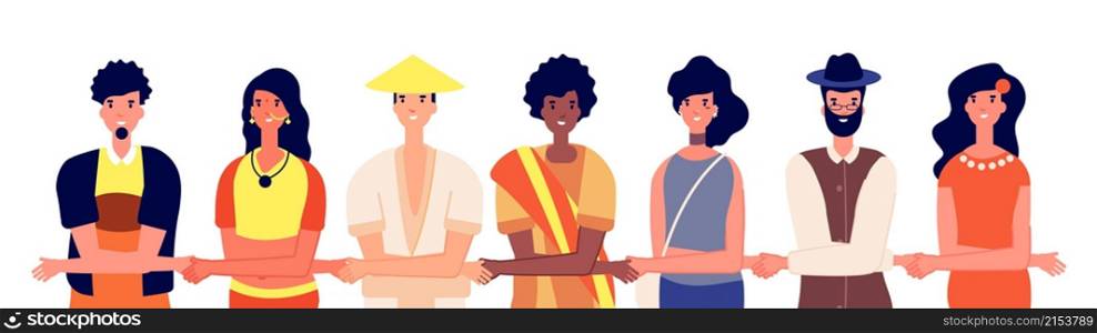 Multicultural community. People holding hands, international friends together. Isolated worldwide friendship, humanity vector metaphor. Illustration of multicultural together unity. Multicultural community. People holding hands, international friends together. Isolated worldwide friendship, humanity vector metaphor
