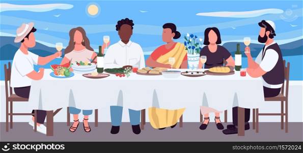 Multicultural dinner flat color vector illustration. Friends eat food on holiday for recreation. Cultural diversity at banquet table. Multiethnic 2D cartoon characters with seascape on background. Multicultural dinner flat color vector illustration