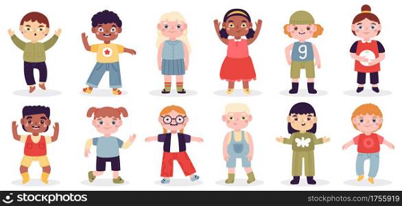 Multicultural happy kids. School girls and boys group, diverse kids characters, cute laughing children. Funny laughing babies vector illustration set standing in different positions. Multicultural happy kids. School girls and boys group, diverse kids characters, cute laughing children. Funny laughing babies vector illustration set