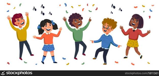 Multicultural Kids, Cartoon vector illustration of happy dancing children. Flat style vector illustration. Multicultural Kids, Cartoon vector illustration of happy children. Flat style vector illustration.