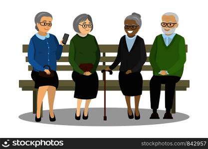 multicultural old people are sitting on the bench,isolated on white background,cartoon vector illustration. multicultural old people are sitting on the bench
