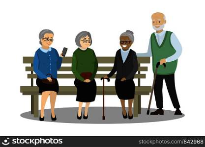 multicultural old people are sitting on the bench,isolated on white background,cartoon vector illustration. multicultural old people are sitting on the bench