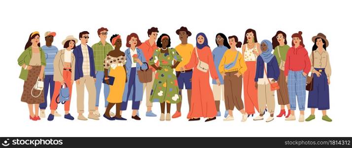 Multicultural people crowd. Diverse person group, isolated multi ethnic community portrait. Adult african european swanky vector characters. Crowd multicultural, woman and man different illustration. Multicultural people crowd. Diverse person group, isolated multi ethnic community portrait. Adult african european swanky vector characters