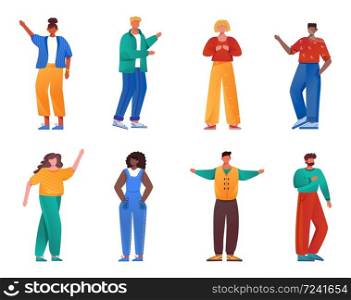 Multicultural people flat vector illustrations set. Girls and guys of different nationalities. Social diversity. Caucasian, african american young men and women. Multiracial isolated cartoon character