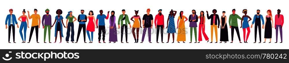 Multicultural people group. Adult citizens, workers team standing together and multiethnic society. Human resources diversity, different society characters togetherness unity vector illustration. Multicultural people group. Adult citizens, workers team standing together and multiethnic society vector illustration