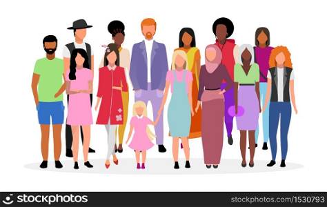 Multicultural people group flat vector illustration. Different nationalities, races women and men cartoon characters. Multiracial caucasian and afro american young adults, diverse girls and guys