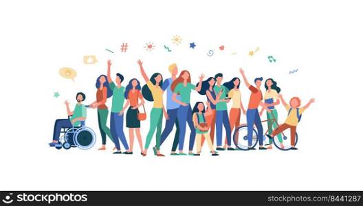 Multicultural people standing together isolated flat vector illustration. Cartoon diverse characters of multinational community members. Society and public concept