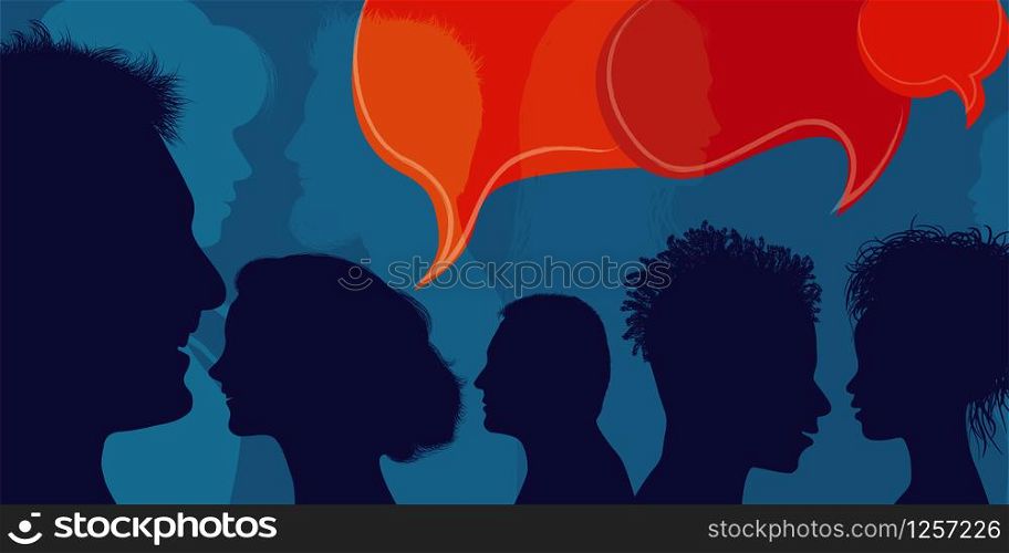 Multicultural population.Crowd people talking.Diversity people.Many multiethnic people who communicate speak and share ideas.Confusion and disorganization.Globalization.Speech bubble