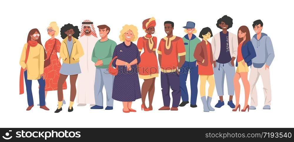 Multicultural team. Group of different people in casual clothes standing together, cartoon characters of diverse nationalities. Vector illustration happy men and women set diversity multiethnic people. Multicultural team. Group of different people in casual clothes standing together, cartoon characters of diverse nationalities. Vector men and women set