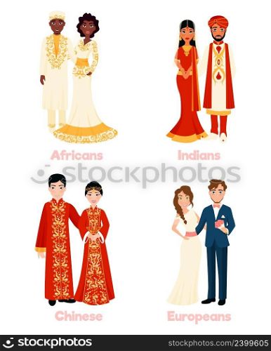 Multicultural wedding couples in national clothing on white background flat isolated vector illustration. Multicultural Wedding Couples