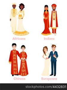 Multicultural Wedding Couples. Multicultural wedding couples in national clothing on white background flat isolated vector illustration