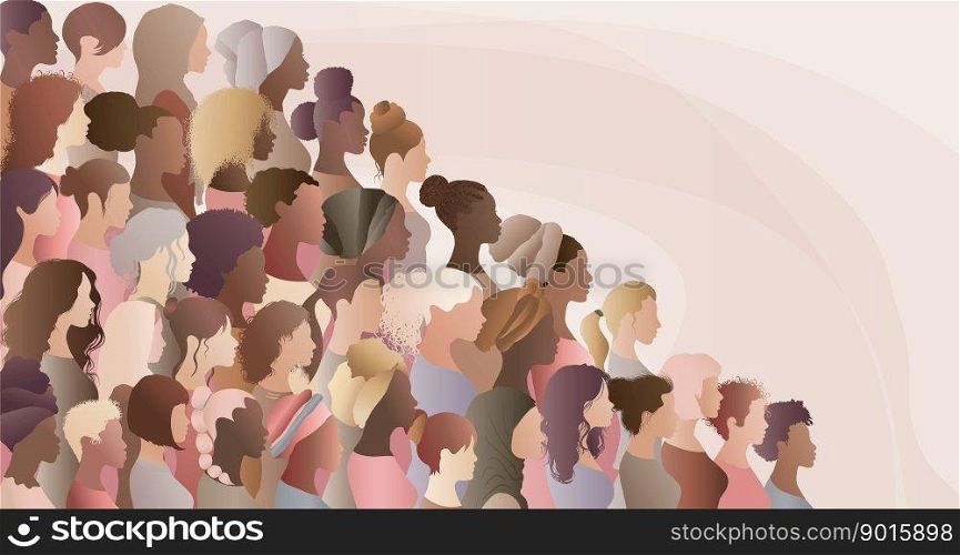 Multicultural women and girls. Portrait front and profile view silhouette. Women's day. Female social community of diverse culture. Equality. Colleagues. Empowerment or inclusion. Banner