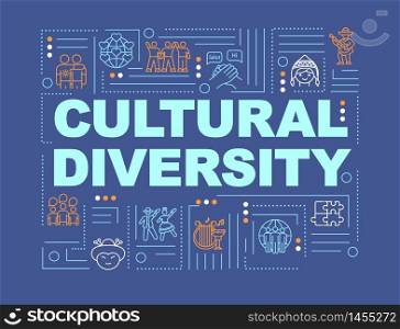 Multiculturalism word concepts banner. Cultural diversity. International community. Infographics with linear icons on blue background. Isolated typography. Vector outline RGB color illustration. Multiculturalism word concepts banner