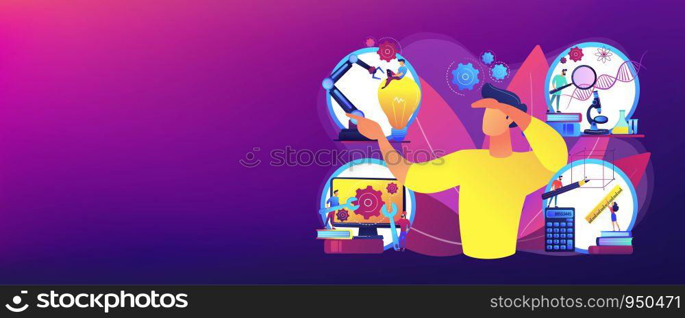 Multidisciplinary teaching method, modern learning system, knowledge gaining. STEM education, STEM integration, engineering for kids concept. Header or footer banner template with copy space.. STEM education concept banner header