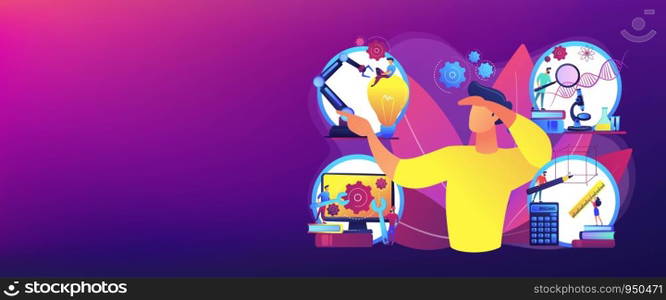 Multidisciplinary teaching method, modern learning system, knowledge gaining. STEM education, STEM integration, engineering for kids concept. Header or footer banner template with copy space.. STEM education concept banner header