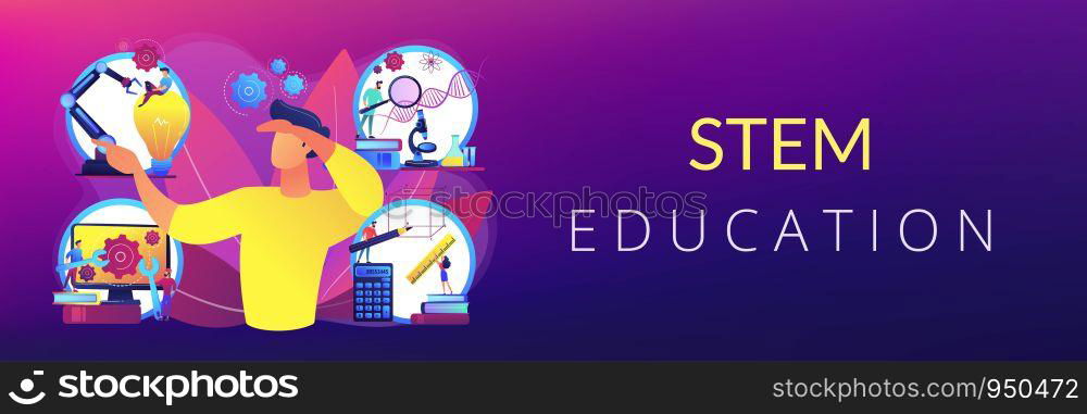 Multidisciplinary teaching method, modern learning system, knowledge gaining. STEM education, STEM integration, engineering for kids concept. Header or footer banner template with copy space.. STEM education concept banner header