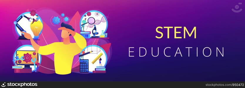 Multidisciplinary teaching method, modern learning system, knowledge gaining. STEM education, STEM integration, engineering for kids concept. Header or footer banner template with copy space.. STEM education concept banner header