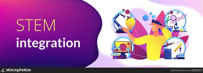 Multidisciplinary teaching method, modern learning system, knowledge gaining. STEM education, STEM integration, engineering for kids concept. Header or footer banner template with copy space.. STEM education concept banner header