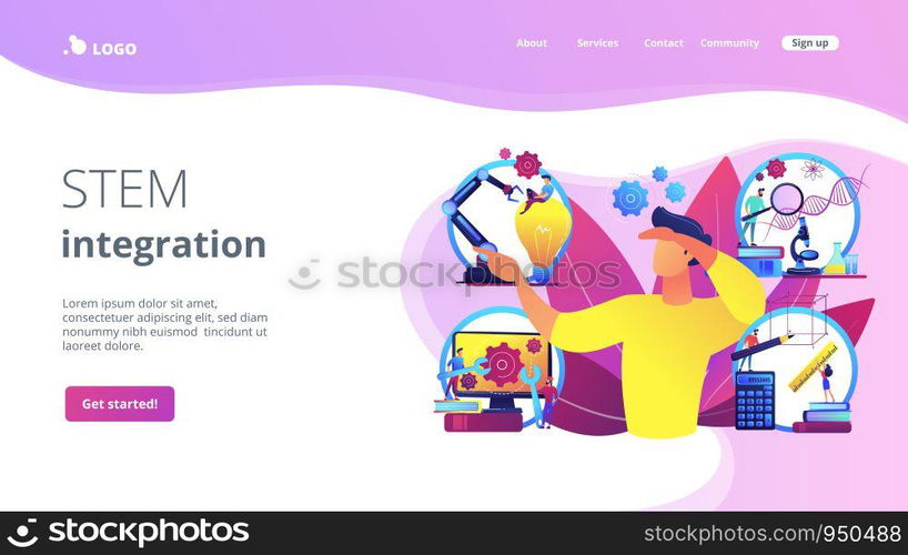 Multidisciplinary teaching method, modern learning system, knowledge gaining. STEM education, STEM integration, engineering for kids concept. Website homepage landing web page template.. STEM education concept landing page