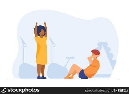 Multiethnic children exercising in gym. Body training, sport activity, fitness for kids. Flat vector illustration. School physical education concept for banner, website design or landing web page