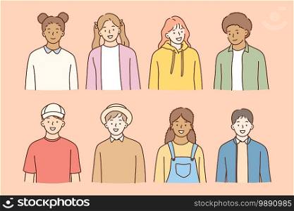 Multiethnic friendship, students international day concept. Group of smiling cheerful pupils or students of different race feeling happy isolated on pink background vector illustration . Multiethnic friendship, students international day concept