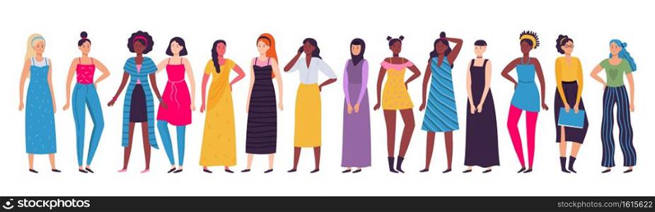 Multiethnic group of women. Vector diverse standing female african and asian, diversity girl international, unity move illustration. Multiethnic group of women. Vector diverse standing female