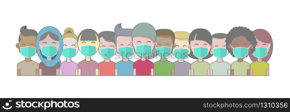 Multiethnic Group of Young People in Green Medical Face Mask. Concept of Coronavirus Quarantine Vector Illustration.