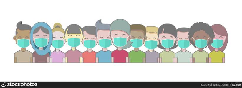 Multiethnic Group of Young People in Green Medical Face Mask. Concept of Coronavirus Quarantine Vector Illustration.