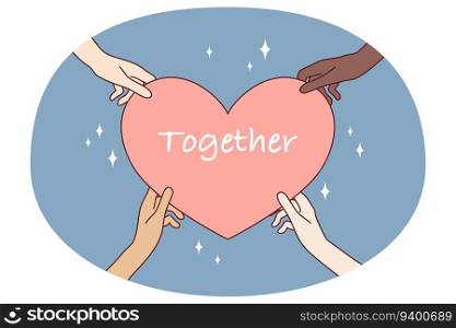Multiethnic hands holding big heart showing respect and love. Diverse multiracial people demonstrate care and support. Friendship and togetherness. Flat vector illustration.. Multiracial people holding heart together