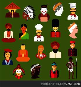 Multiethnic people icons with men and women of different chinese, japanese, indian, native american, german, italian, french, russian, british, australian, greek peoples. Flat style icons and avatars