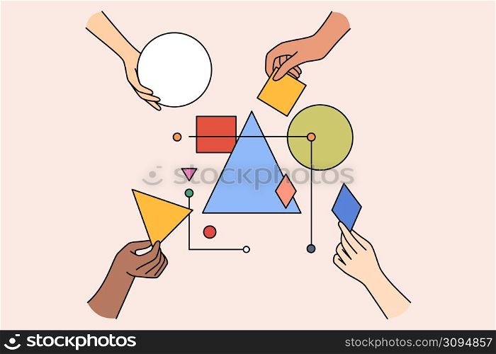 Multiethnic work team connect geometrical shapes and figures involved in teambuilding activity. Hands building system together. Partnership and teamwork concept. Vector illustration. . Diverse people team connect geometric shapes