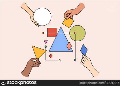 Multiethnic work team connect geometrical shapes and figures involved in teambuilding activity. Hands building system together. Partnership and teamwork concept. Vector illustration. . Diverse people team connect geometric shapes