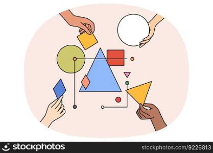 Multiethnic work team connect geometrical shapes and figures involved in teambuilding activity. Hands building system together. Partnership and teamwork concept. Vector illustration.. Diverse people team connect geometric shapes