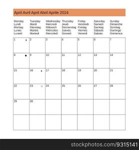 multilingual calendar of April 2024 in English French German Spanish Italian. multilingual April 2024 calendar