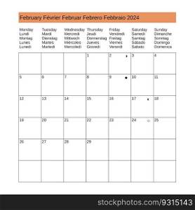 multilingual calendar of February 2024 in English French German Spanish Italian. multilingual February 2024 calendar