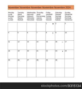 multilingual calendar of November 2024 in English French German Spanish Italian. multilingual November 2024 calendar