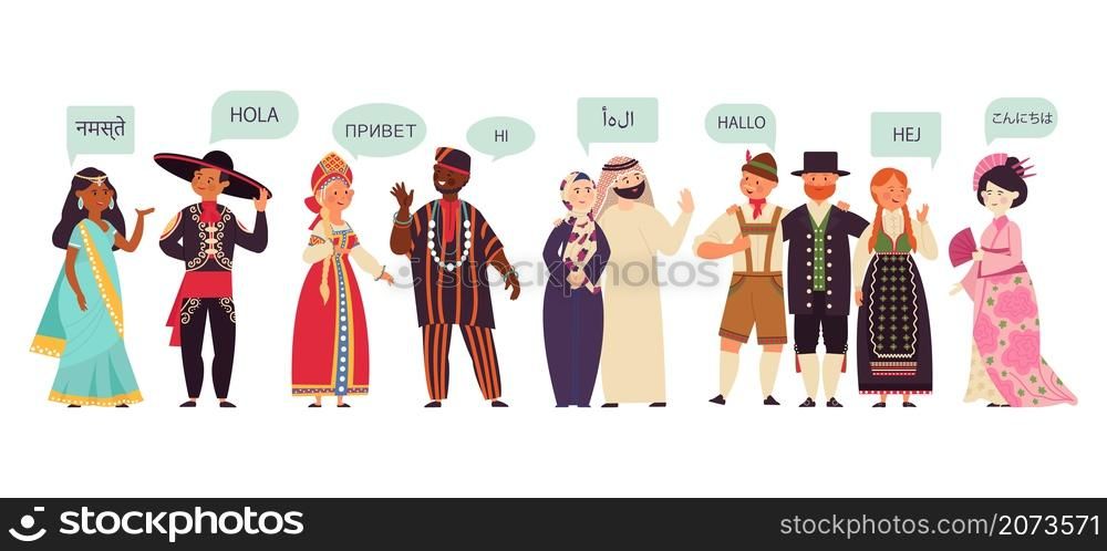 Multilingual characters. Group talking people, conversation on diverse language. Communication business greeting vector concept. Illustration communication talk multilingual, speech language hello. Multilingual characters. Group talking people, conversation on diverse language. Communication activities, business greeting decent vector concept
