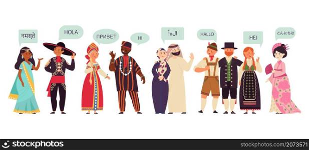 Multilingual characters. Group talking people, conversation on diverse language. Communication business greeting vector concept. Illustration communication talk multilingual, speech language hello. Multilingual characters. Group talking people, conversation on diverse language. Communication activities, business greeting decent vector concept