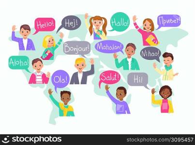 Multilingual hello kids. Different cultures communication, children greet on various languages, young foreigner students on word map background happy smiling boys and girls vector cartoon flat concept. Multilingual hello kids. Different cultures communication, children greet on various languages, young foreigner students on word map background, boys and girls vector cartoon flat concept