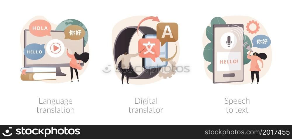 Multilingual mobile application abstract concept vector illustration set. Language translation, digital translator, speech to text, voice recognition technology, online dictionary abstract metaphor.. Multilingual mobile application abstract concept vector illustrations.