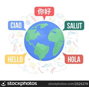 Multilingual world 2D vector isolated illustration. Hello in different languages flat object on cartoon background. Colourful scene for mobile, website, presentation. Bebas Neue, KozGoPr6N fonts used. Multilingual world 2D vector isolated illustration