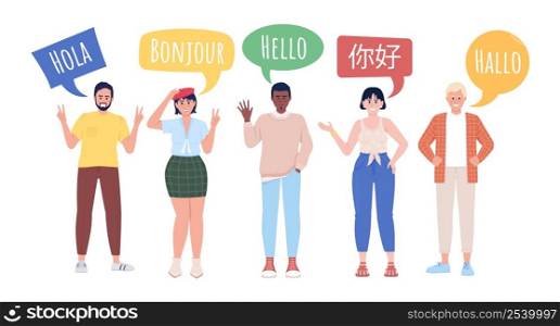 Multilingualism semi flat color vector characters. Standing figures. Full body people on white. Simple cartoon style illustration for web graphic design and animation. Amatic SC, KozGoPr6N fonts used. Multilingualism semi flat color vector characters