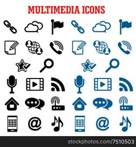 Multimedia and communication flat icons with smartphone, microphone music video player email link search chat call cloud storage favorite star flag pin home notebook feed wi-fi router. Multimedia and communication flat icons