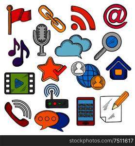 Multimedia and communication icons with smartphone, microphone, music and video player, email and search, chat and call symbols, cloud storage, favorite star and flag pin, home and notebook, rss feed and wi-fi router. Multimedia and communication icons set