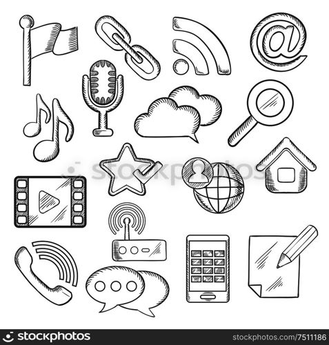Multimedia and communication sketched icons with smartphone, microphone, music, video player, e-mail, link search, chat, call, cloud storage flag pin home, notebook, rss feed, wi-fi. Vector sketch. Multimedia and communication sketched icons