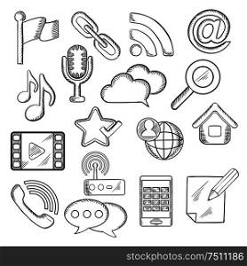 Multimedia and communication sketched icons with smartphone, microphone, music, video player, e-mail, link search, chat, call, cloud storage flag pin home, notebook, rss feed, wi-fi. Vector sketch. Multimedia and communication sketched icons