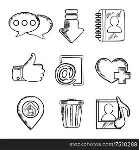 Multimedia and social media sketched icons with chat, download, notebook, like, e-mail, navigation, favorite, media and bin symbols. Multimedia and social media sketched icons