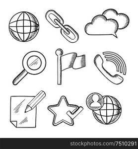 Multimedia and telecommunication icons sketches with social media, search, zoom, note, globe, phone, cloud, link and popular elements. Multimedia and telecommunication icons sketches